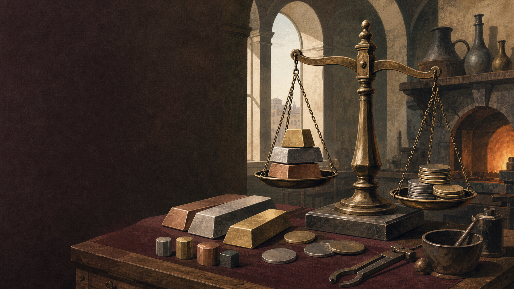 Antique balance scale, metal ingots and blank coins in an assay hall